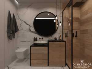 projekt łazienki w marmurze z drewnem
