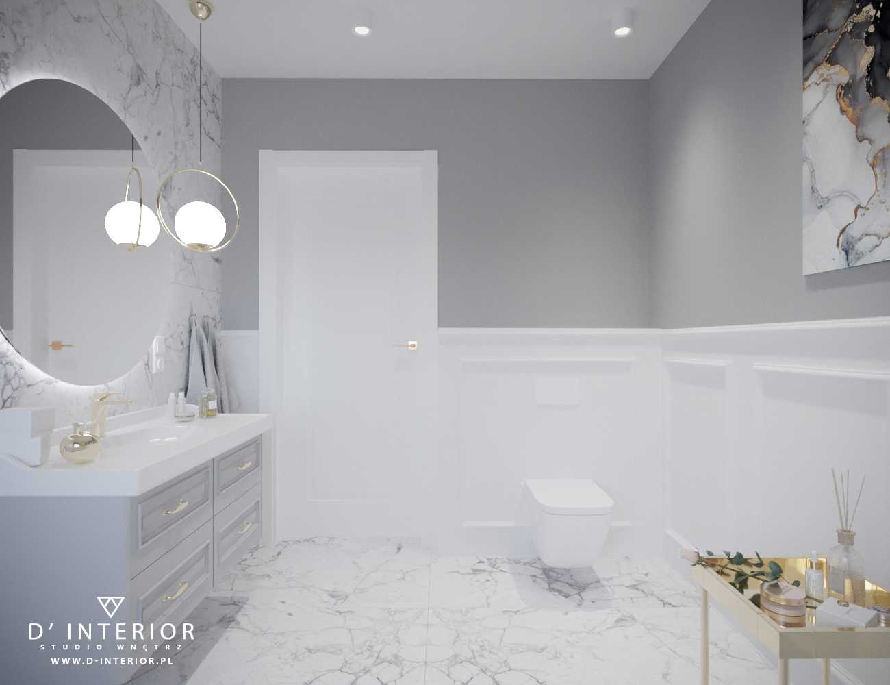 Projekt klasycznej łazienki szaro-białej