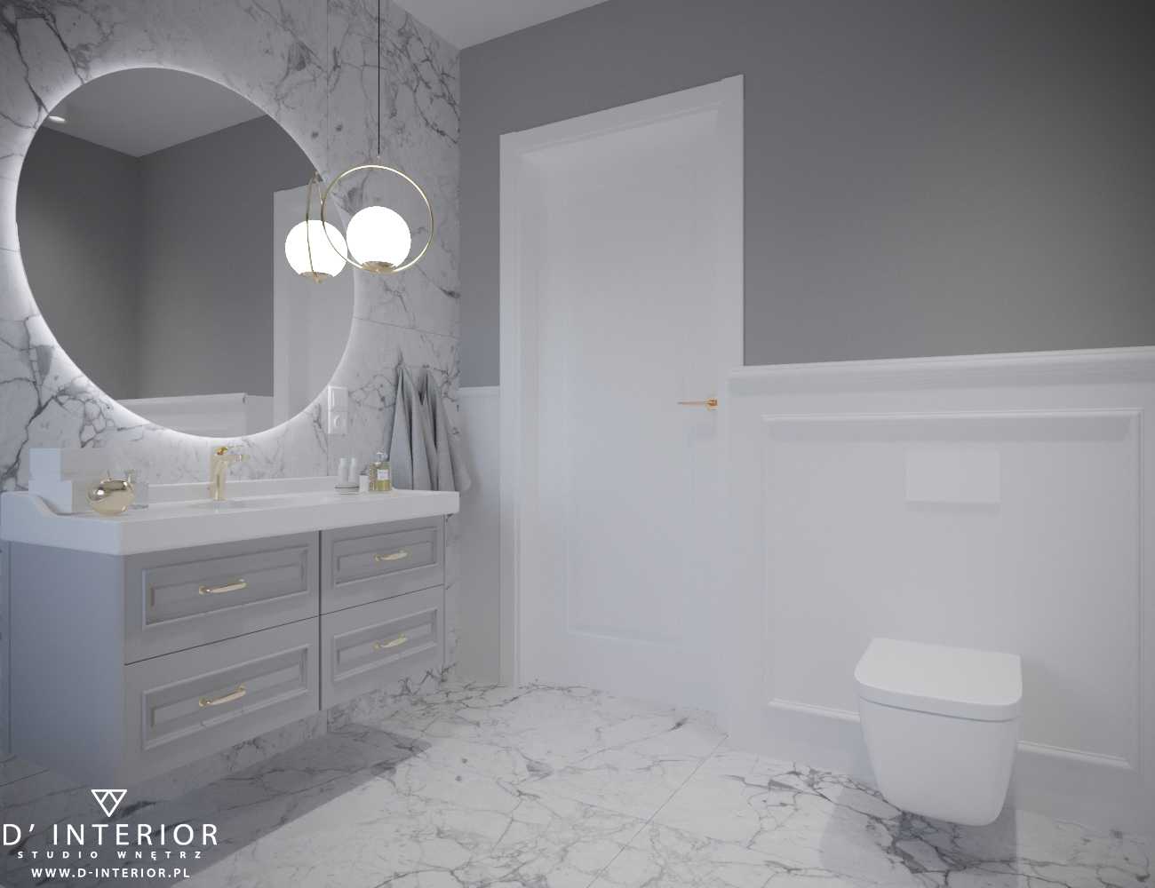 Projekt klasycznej łazienki szaro-białej